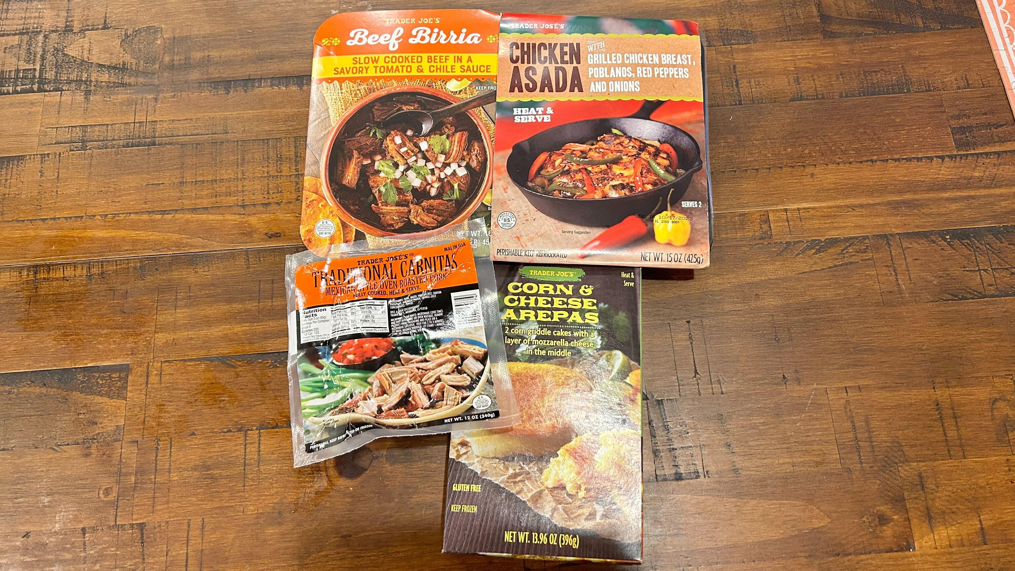 Trader Joe's Birria, Chicken Asada, Carnitas, and Arepas