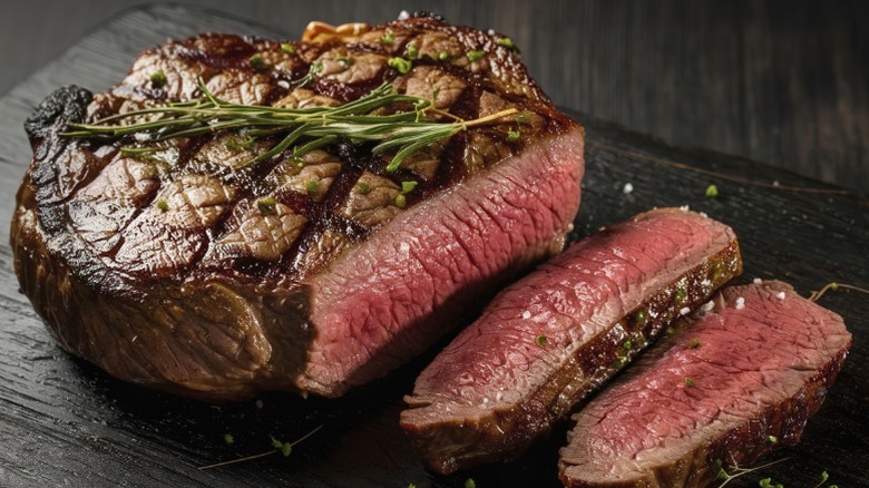 A grilled sirloin steak, sliced and cooked medium rare.