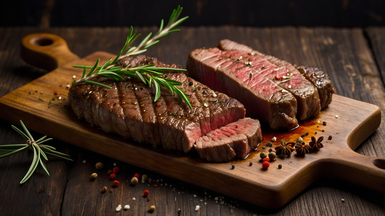 Two cuts of steak with rosemary on a wooden platter.