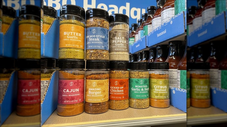 Stonemill seasonings lined up on the shelf at Aldi