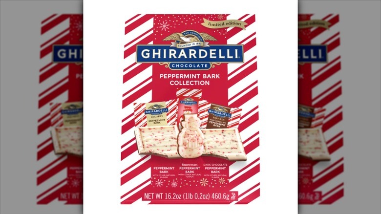 bag of Ghirardelli peppermint bark pieces on white backgorund
