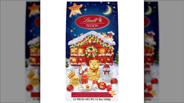 Bag of Lindt holiday chocolate assortment on white background