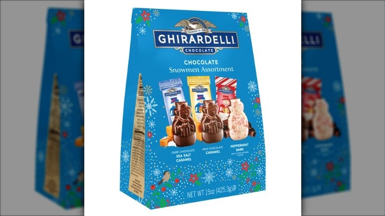 bag of assorted Ghirardelli chocolate snowmen on white background
