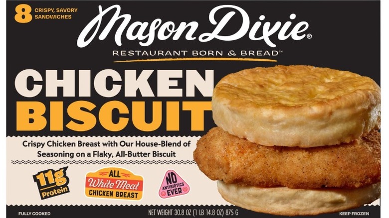 Package of Mason Dixie Chicken Biscuits on white background