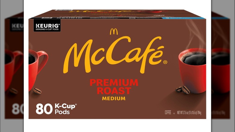 Box of McCafé Premium Roast K-Cup Pods on white baackground
