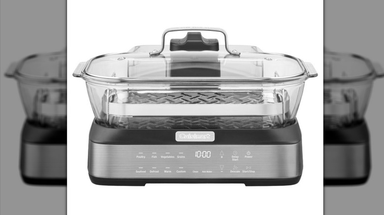 A Cuisinart glass steamer on a black and silver base on a white background.