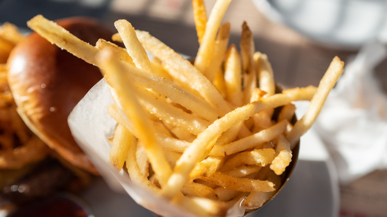 Cone of french fries at a burger restaurant