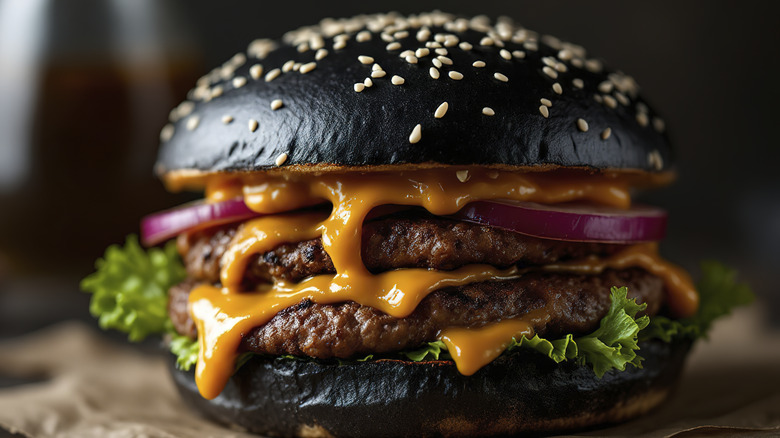 A burger with a black bun sprinkled with white sesame seeds