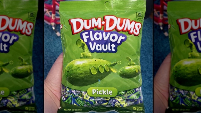 A package of Dum-Dums pickle-flavored lollipops