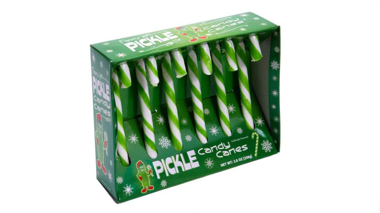A box of Archie McPhee Pickle Candy Canes on a white background.