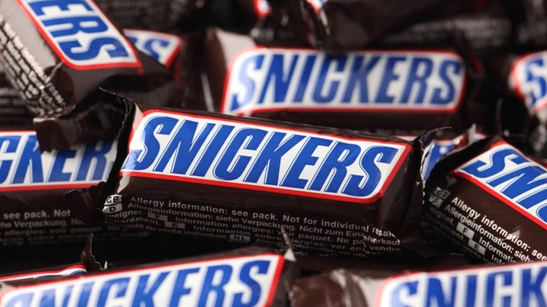 Close-up of mini Snickers bars wrapped