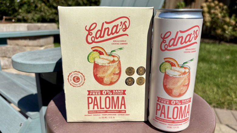 A 4-pack box and can of Edna's alcohol-free Paloma