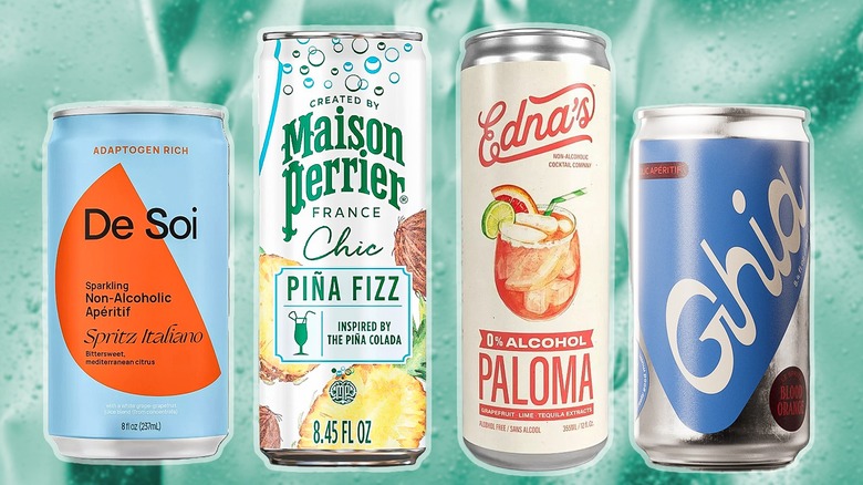 A lineup of non-alcoholic mocktail cans from De Soi, Perrier, Edna's, and Ghia