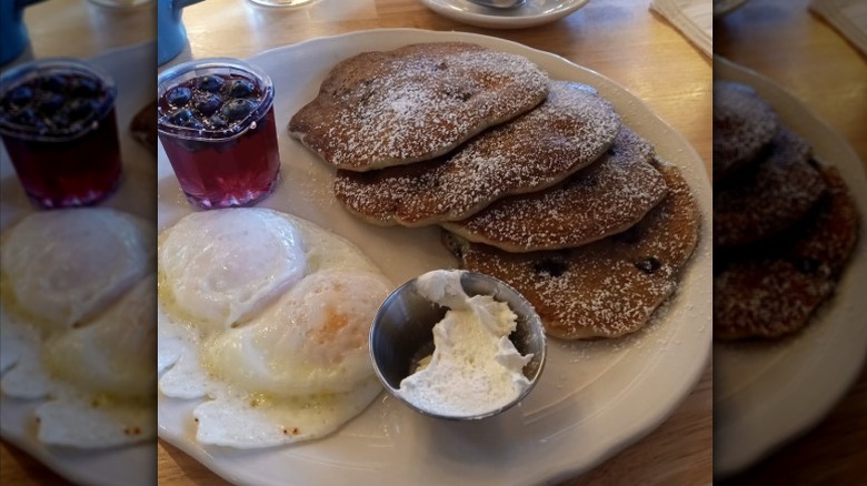 The Original Pancake House's blueberry pancakes with eggs, butter, and blueberry compote