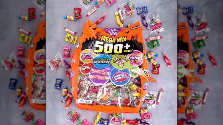 Image of Frankford Mega Mix XL Halloween Assorted Candy Bag and scattered candy