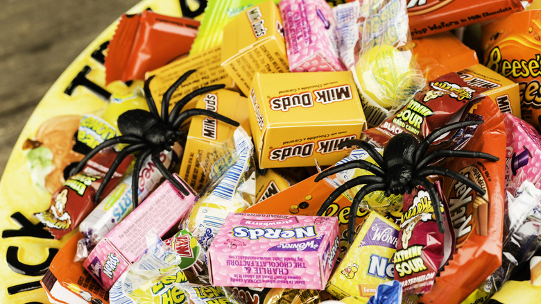 A bowl of Halloween candy topped with plastic spiders.