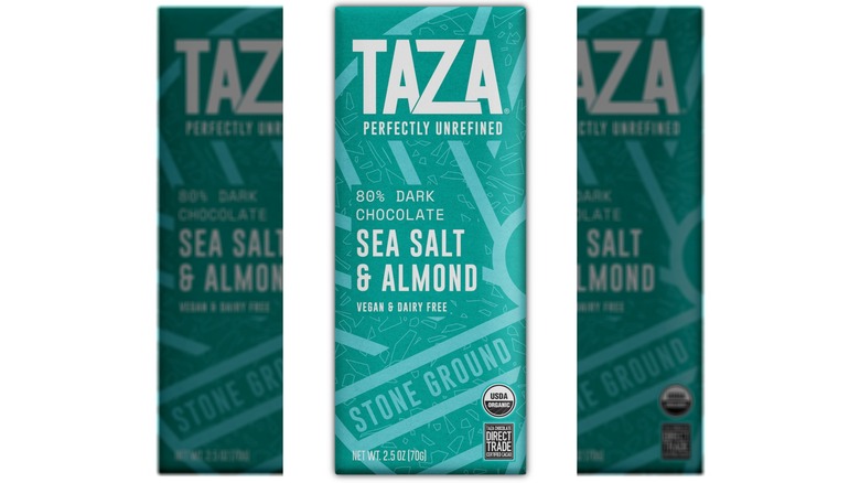 Taza vegan and dairy free dark chocolate sea salt and almond bar