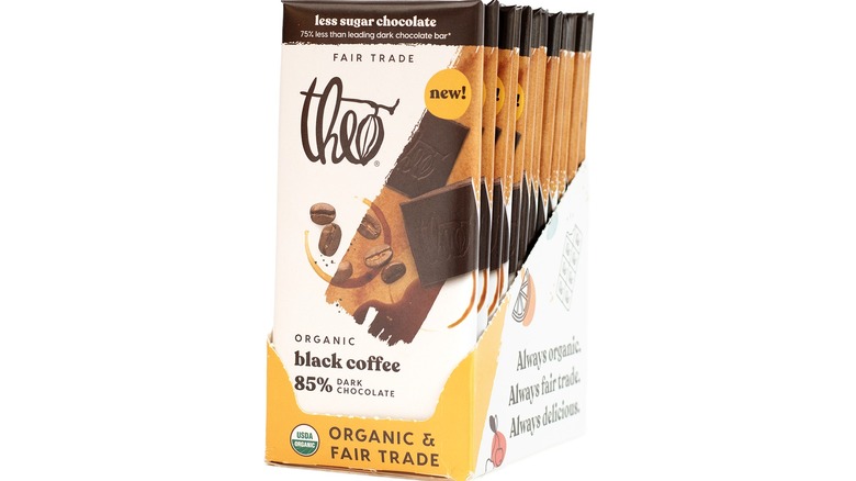 A 12-pack of Theo fair trade organic black coffee dark chocolate bars