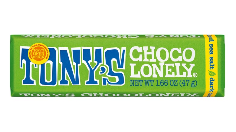A small bar of Tony's Chocolonely fair trade dark almond sea salt