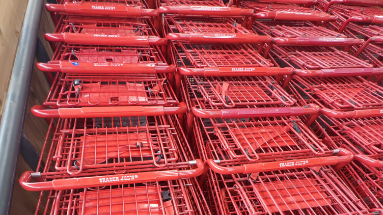 Trader Joe's red shopping carts arranged in rows
