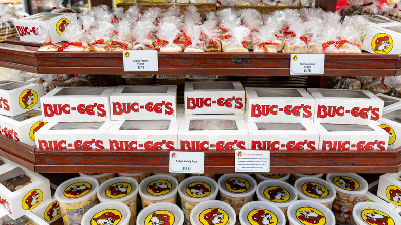 A variety of Buc-ee's branded fudge on display in a store.