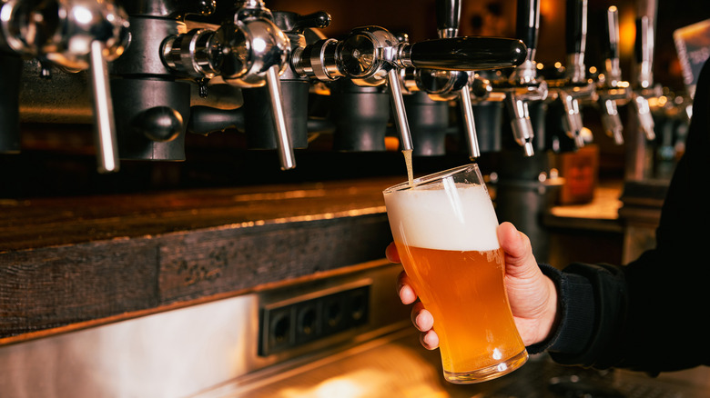 The hand of a bartender pulling a pint of light, golden beer.