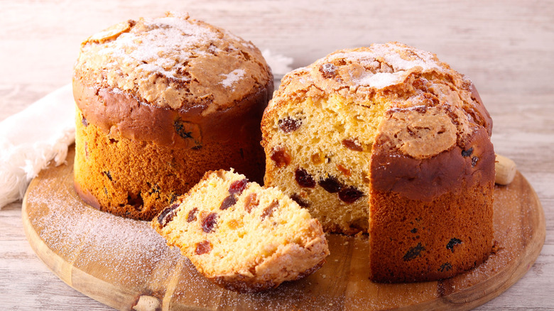 Sliced panettone on a wooden board