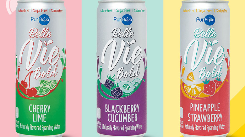 3 flavors of Belle Vie Bold sparkling water against pastel backgrounds