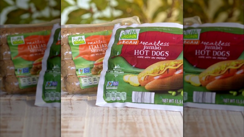 Packages of Earth Grown Meatless Italian Sausages and Jumbo Hot Dogs