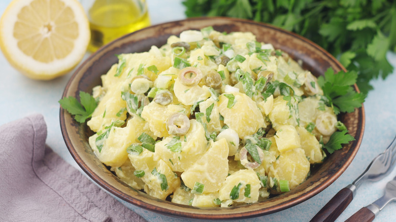 A bowl with Greek potato salad