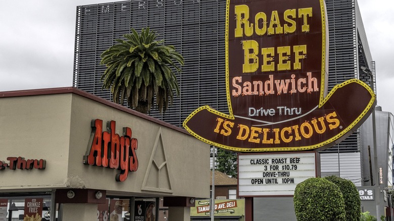 The exterior of an Arby's restaurant.