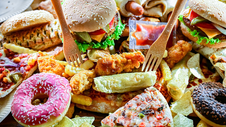 A pile of various types of fast food.