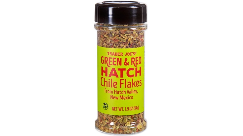 Shaker of Trader Joe's Green and Red Hatch Chile Flakes