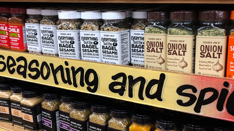 Assorted Trader Joe's spices and seasoning blends on store shelf