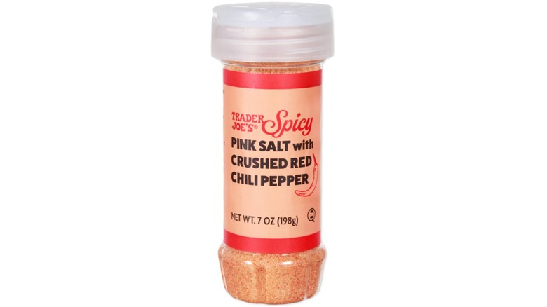 Shaker of Trader Joe's Spicy Pink Salt with Crushed Red Chili Pepper