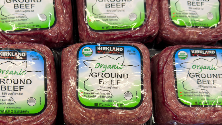 Organic ground beef packages with USDA labels