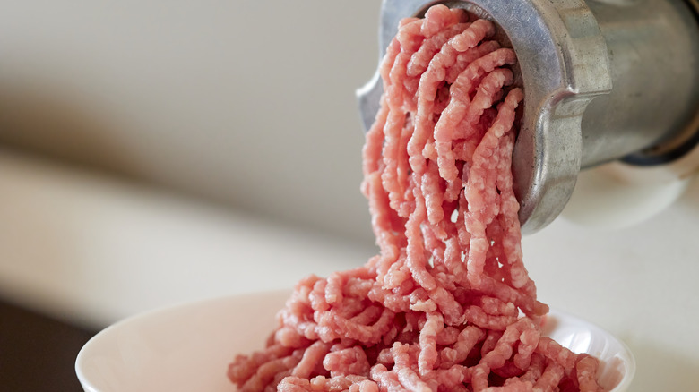 Raw meat in a grinder