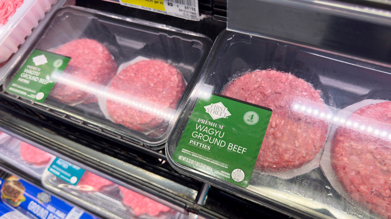 Packaged Wagyu ground beef in a store