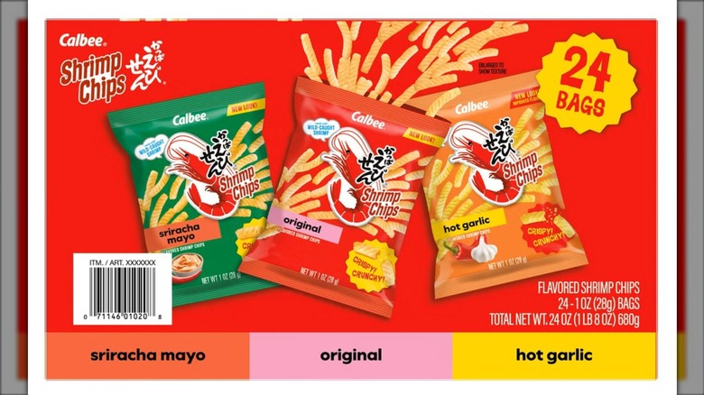 Calbee Shrimp Chips Variety Pack on a white background.
