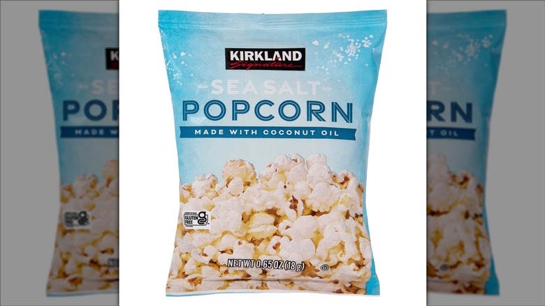 Kirkland Signature Sea Salt Popcorn on a white background.