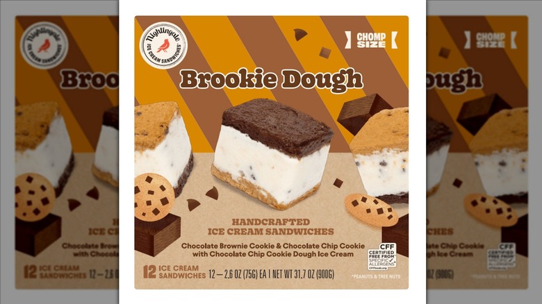 Nightingale Brookie Dough Ice Cream Sandwiches on a white background.