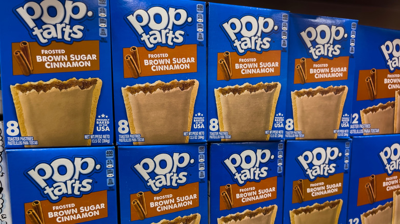 Multiple boxes of Pop-Tarts in a grocery store.
