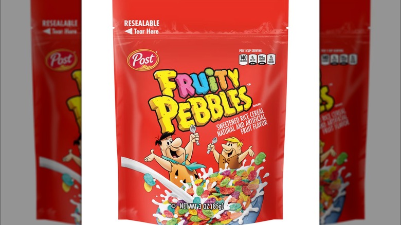 A pack of Post Fruity Pebbles Cereal on a white background.
