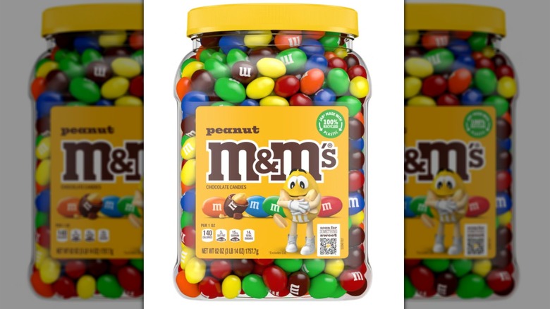 Peanut M&M's in 62-ounce jar on white background
