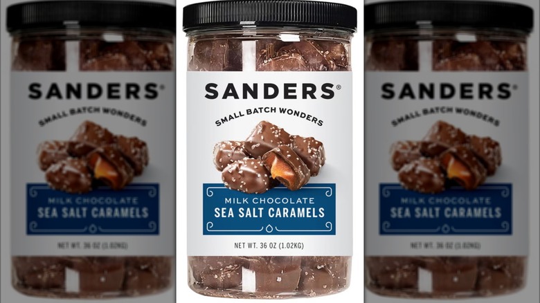 36-ounce jar of Sanders Milk Chocolate Sea Salt Caramels on white background