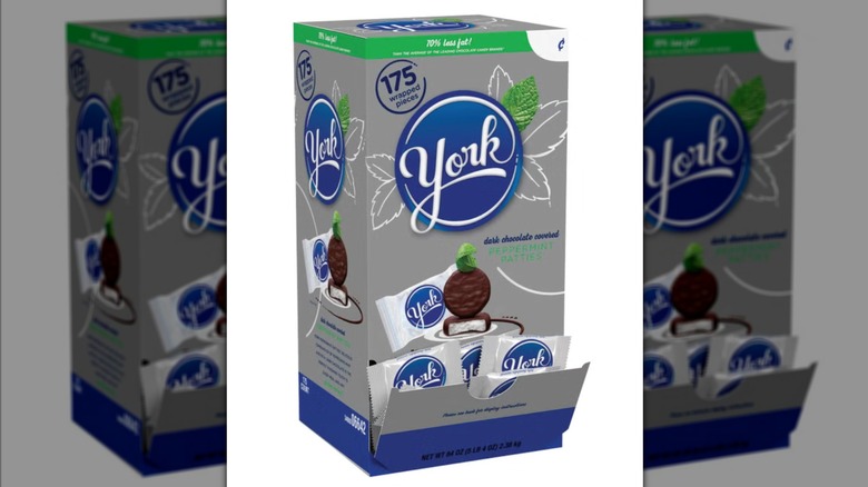 York Dark Chocolate Peppermint Patties in rectangular box on white background