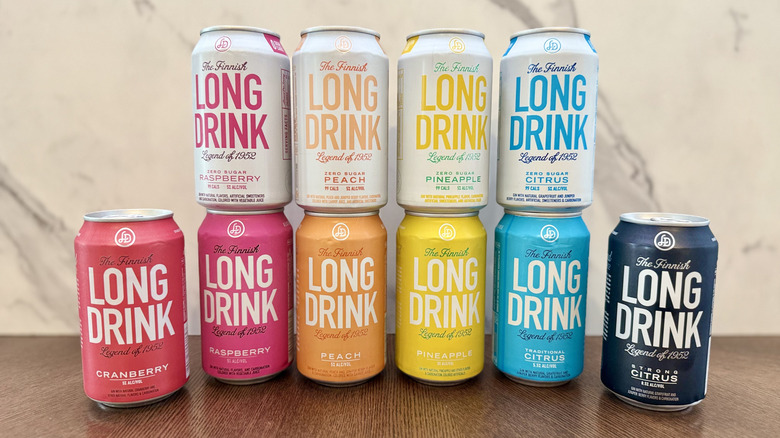 Long Drink cans lined up in a pyramid