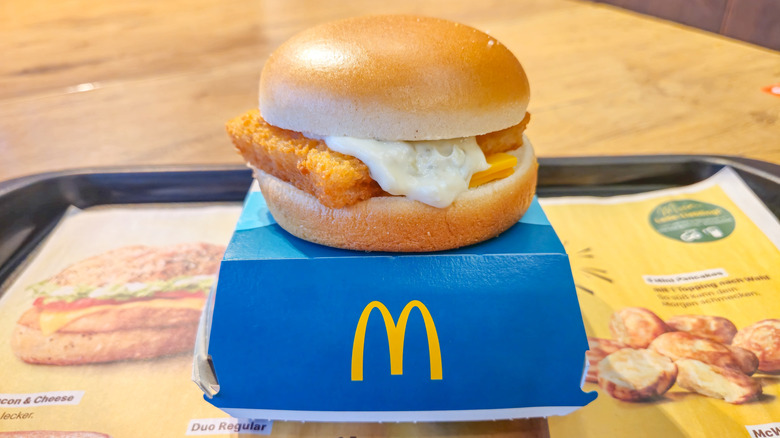 A McDonald's famous Filet-O-Fish sandwich sits on a tray