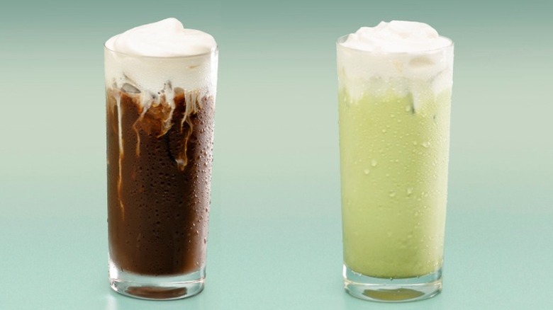 PJ's Coffee Cold Brew Mocha With Banana Cold Foam and Iced Matcha With Banana Cold Foam