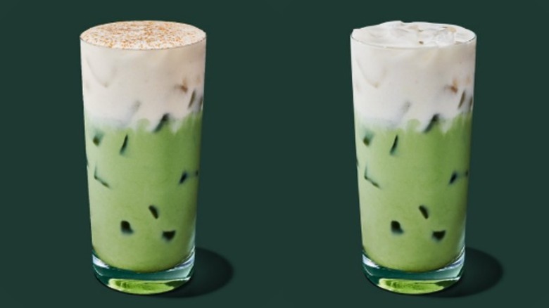 Starbucks Iced Banana Bread Matcha and Iced Banana Protein Cream Matcha in glass cups